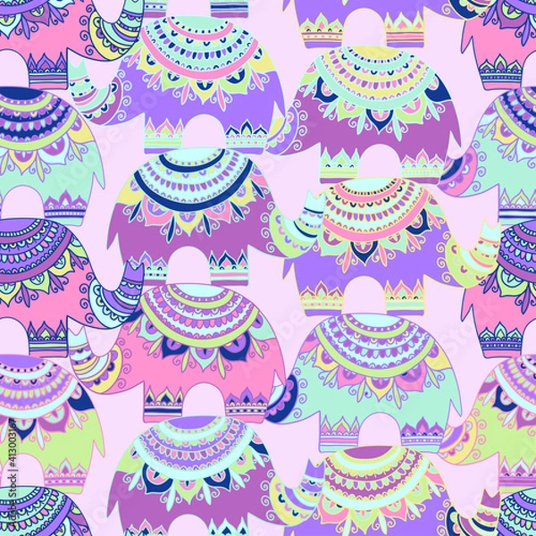 Fototapeta Seamless vector colorful pattern of lined elephants with ornamental decoration.