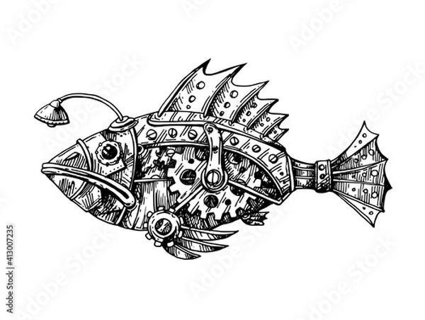 Fototapeta Mechanical fish. Hand drawn vector illustration.