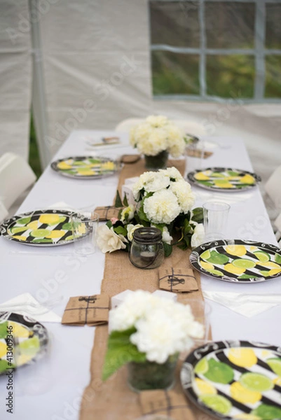 Fototapeta Wedding Party Reception Table Arrangement with flowers