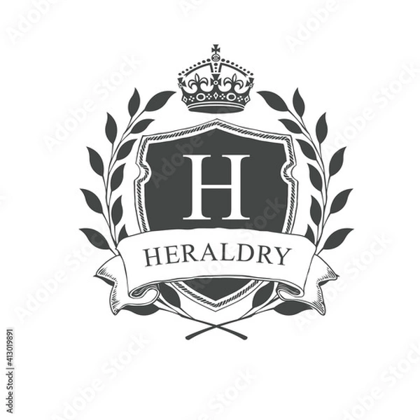 Obraz Coat of arms. Heraldic royal emblem shield with crown and laurel wreath. Heraldic vector template.