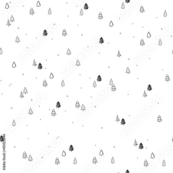 Fototapeta Hand drawn seamless pattern of Christmas trees. Holidays symbols. Abstract doodle drawing of christmas symbol. Holiday background seamless.