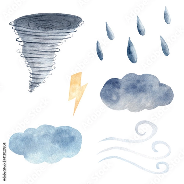 Obraz Watercolor clipart set with weather elements. Tornato, cloud, wind, lighting bolt, raindrops painting.