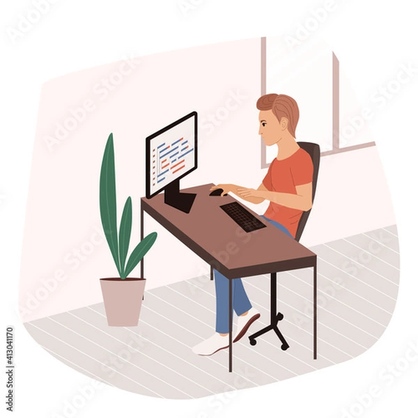 Fototapeta Programmer at work on web development on a computer. The concept of coding and programming scripts. Software developer.