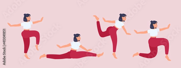 Obraz Set of vector silhouettes of woman doing yoga exercises. Colored icons of a girl in many different yoga poses isolated on pink background. Yoga complex. Fitness workout.