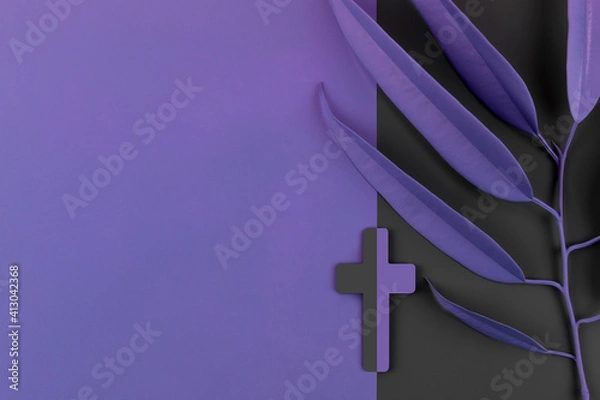 Fototapeta Lent Season, Holy Week and Good Friday concepts. Catholic Cross with palm leaves on purple and gray background. Flat lay. Copy space.