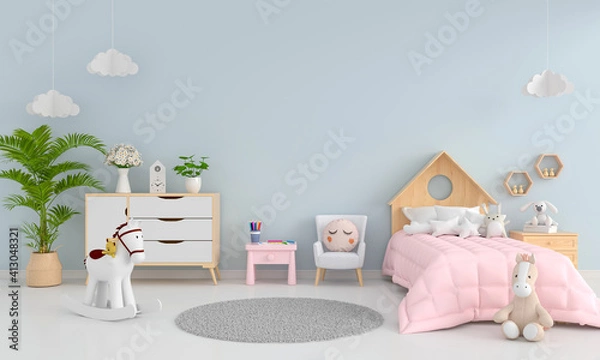 Fototapeta Blue child bedroom with free space for mockup, 3D rendering