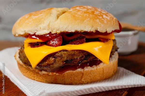 Fototapeta Delicious hamburger with Bacon and cheddar cheese on homemade bread with seeds and ketchup on a wooden surface and rustic background.