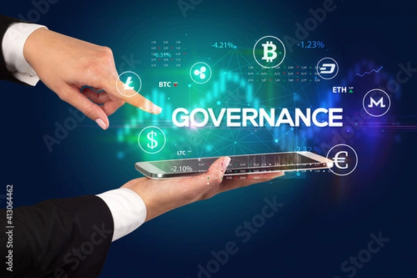 Fototapeta Close-up of a touchscreen with GOVERNANCE inscription, business opportunity concept