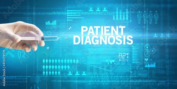 Fototapeta Close-up view of doctor's hand in a white glove holding syringe with PATIENT DIAGNOSIS inscription, healthcare and medical concept