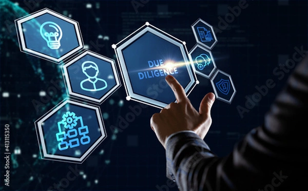 Fototapeta Business, Technology, Internet and network concept. Young businessman working on a virtual screen of the future and sees the inscription: Due diligence