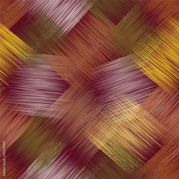 Fototapeta Seamless diagonal pattern with grunge striped square elements in green, brown, yellow, pink colors on purple backdrop