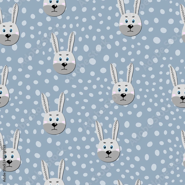 Fototapeta Vector flat animals colorful illustration for kids. Seamless pattern with cute hare face on blue polka dots background. Adorable cartoon character. Design for card, poster, fabric, textile. Rabbit.