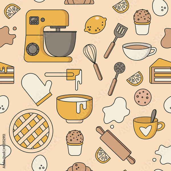 Fototapeta Seamless pattern with dough, rolling pin, mixer, lemon, mugs, cutlery, bakery products. Kitchen background. Vector stock illustration. Wallpaper for kitchen, ornament for a bakery. Restaurant textiles