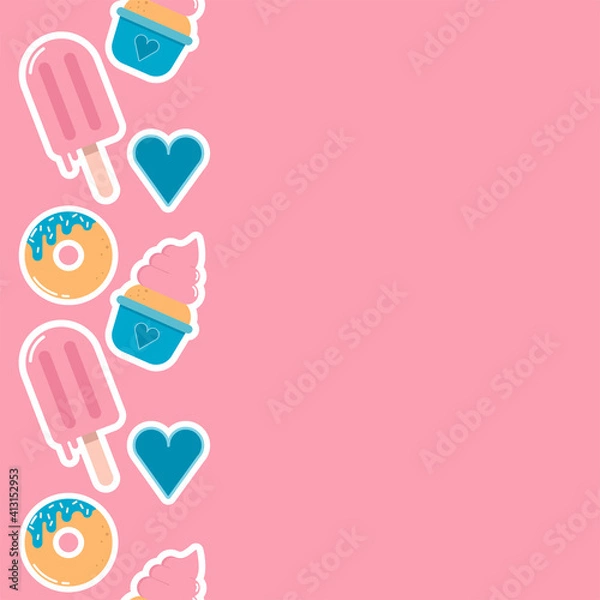 Fototapeta Cakes and sweets decorative icons set with donut, cupcake, ice cream.  isolated vector illustration for bakery and candy shop. Vector stock flat seamless pattern. Sweets sugar free, natural products 