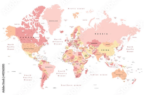 Fototapeta Colourful Illustration of a world map showing country names, State names (USA, Canada & Australia), capital cities, major lakes and oceans. Print at no less than 36". Jpeg - no need for vector program