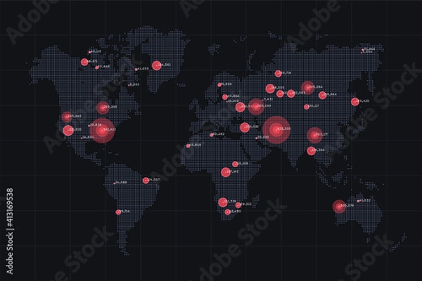 Fototapeta World map big data visualization. Abstract data on map. Global activity monitoring. Markers of clusters. Visual information complexity. Human activity data map.