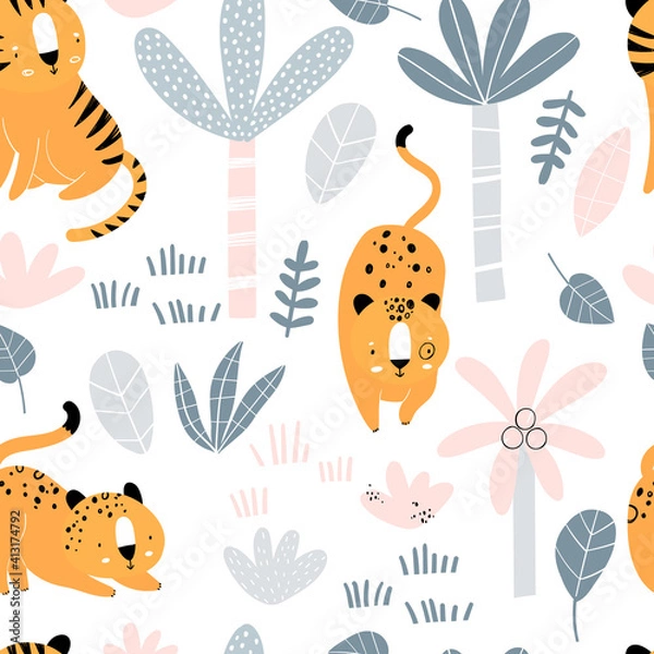 Fototapeta Vector hand-drawn seamless repeating color childish pattern with wild cats, plants and palms in Scandinavian style on a white background. Print with tigers and jaguars. Jungle animals.
