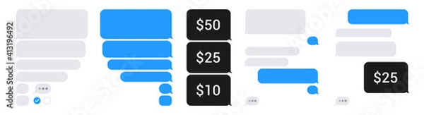 Fototapeta Chat app bubble phone template set. Isolated blank sms dialogue and messages bubbles, on white background. Pay with smartphone sms. Editable vector illustration.