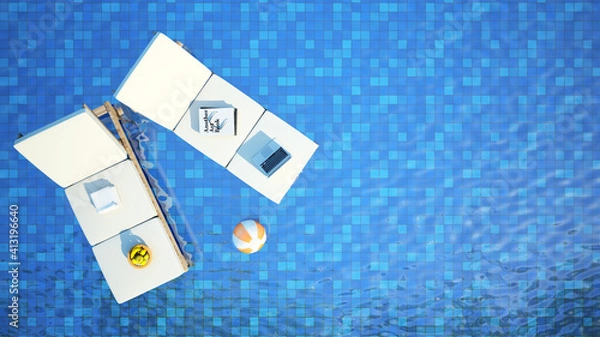 Fototapeta top view of swimming pool and sunbed,vacation relax concept,3d rendering