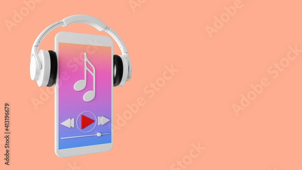 Fototapeta music application on smartphone with headphone on orange background,Online music concept .3d rendering 