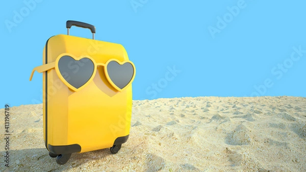 Fototapeta Suitcase with sunglasses on the beach,blue background summer vacation concept 3d rendering