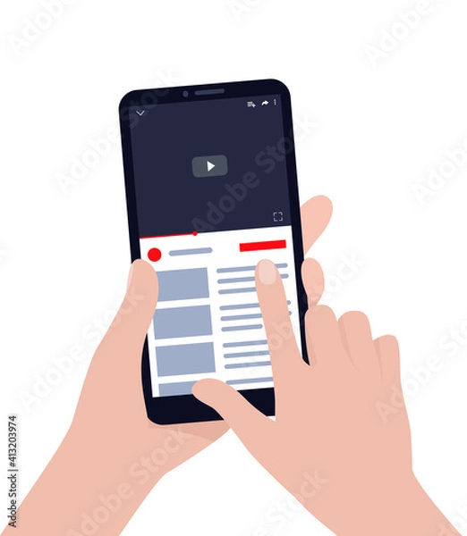 Fototapeta hand presses a smartphone with a video player to the screen. Hands hold a smartphone on an isolated white background. Vector flat illustration.