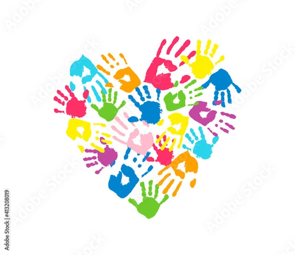 Fototapeta Heart is made of different handprints. Symbol of love, childhood, family and unity. Colorful emblem