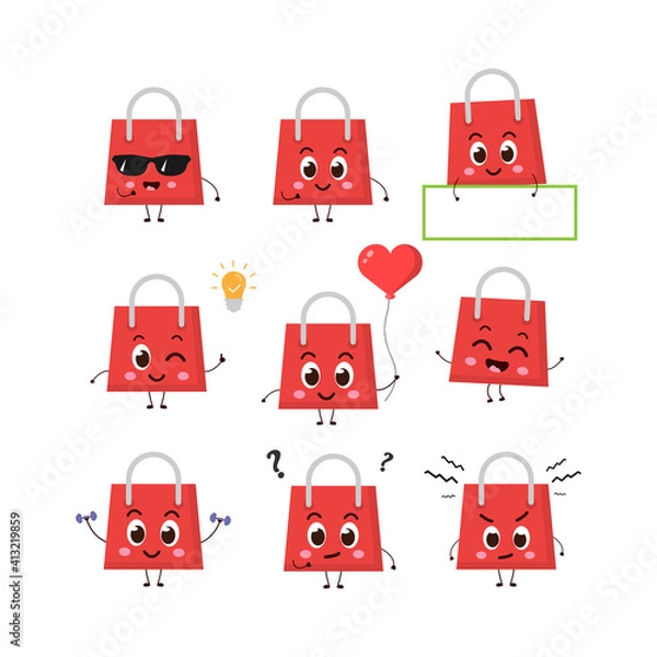 Obraz Set, collection of cute and funny cartoon shopping bag character.vector