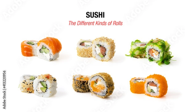 Fototapeta Different kinds of sushi rolls isolated on white background