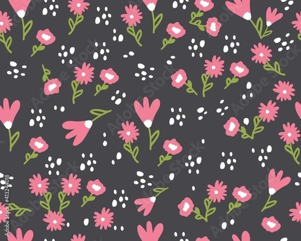 Fototapeta Spring seamless pattern with cute flowers. Hand drawn summer flora textile