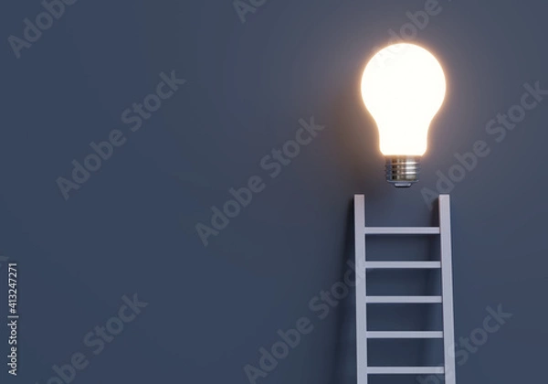 Fototapeta Staircase to light bulbs with copy space. 3d rendering.