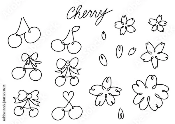 Obraz 一筆書き　さくらんぼ（白黒、モノクロ）桜,サクランボ結び