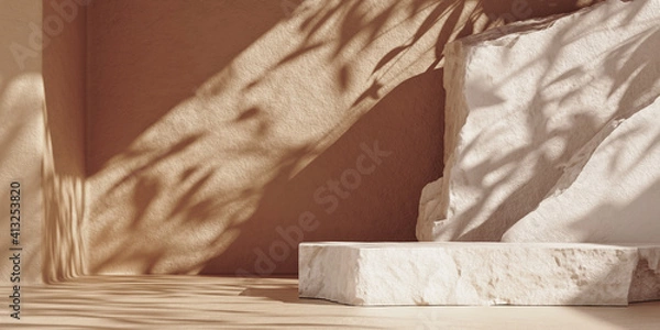 Fototapeta White pieces of stone slabs forming a product podium for product display. Mock-up for exhibitions or presentation of cosmetic products or packaging. 3d rendering.