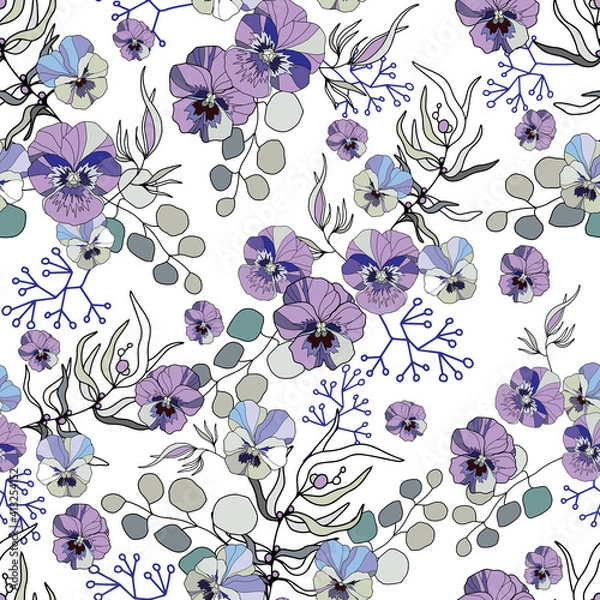 Fototapeta Seamless pattern with watercolor Pansy on white background, vector texture illustration in vintage style.