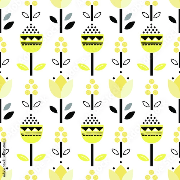 Obraz Stylish Spring seamless pattern with gray flowers and leaves in pantone 2021 colors. Vector Easter pattern in Ultimate Gray trendy colors.