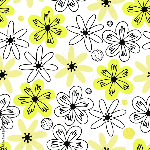 Obraz Stylish Spring seamless pattern with yellow flowers and grey leaves in pantone 2021 colors. Vector Easter pattern in Illuminating and Ultimate Gray trendy colors.