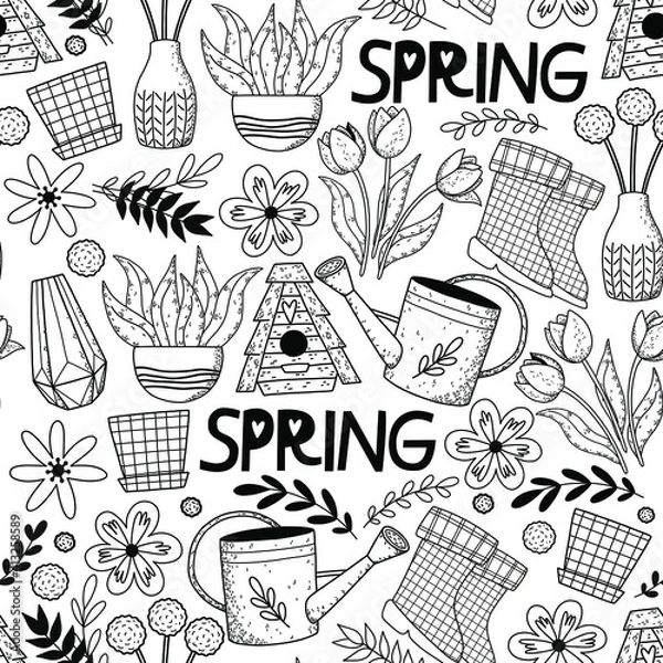 Obraz Stylish Spring seamless pattern with flowers, watering can, birdhouse. Vector  doodle Easter pattern in black and white colors.