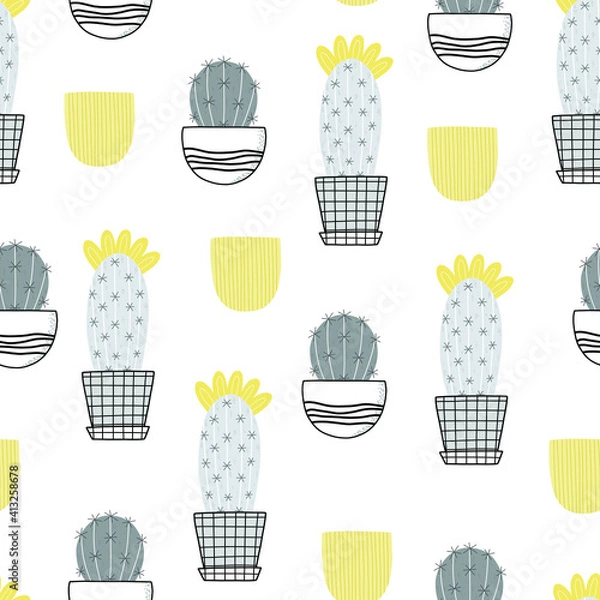 Obraz Stylish Spring seamless pattern with cactus flowers and flower pots in pantone 2021 colors. Vector Easter pattern in Illuminating and Ultimate Gray trendy colors.