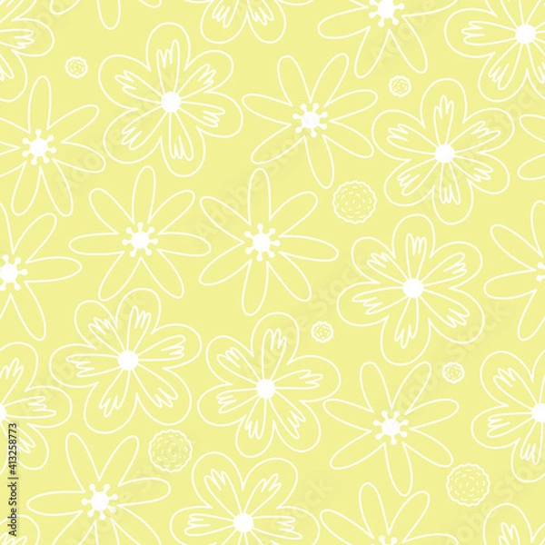 Obraz Stylish Spring seamless pattern with yellow flowers and leaves in pantone 2021 colors. Vector Easter pattern in Illuminating trendy colors.