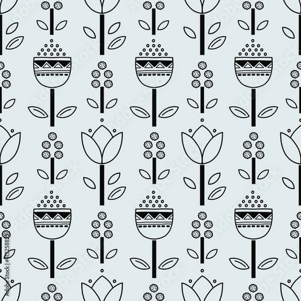 Obraz Stylish Spring seamless pattern with gray flowers and leaves in pantone 2021 colors. Vector Easter pattern in Ultimate Gray trendy colors.