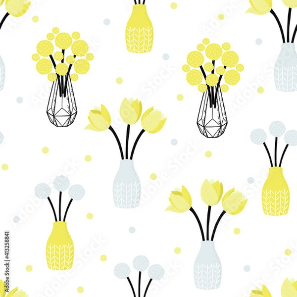 Obraz Stylish Spring seamless pattern with yellow flowers and bouquets in pantone 2021 colors. Vector Easter pattern in Illuminating and Ultimate Gray trendy colors.