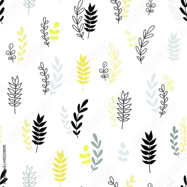 Obraz  Stylish Spring seamless pattern with yellow branches and grey leaves in pantone 2021 colors. Vector Easter pattern in and Ultimate Gray trendy colors.