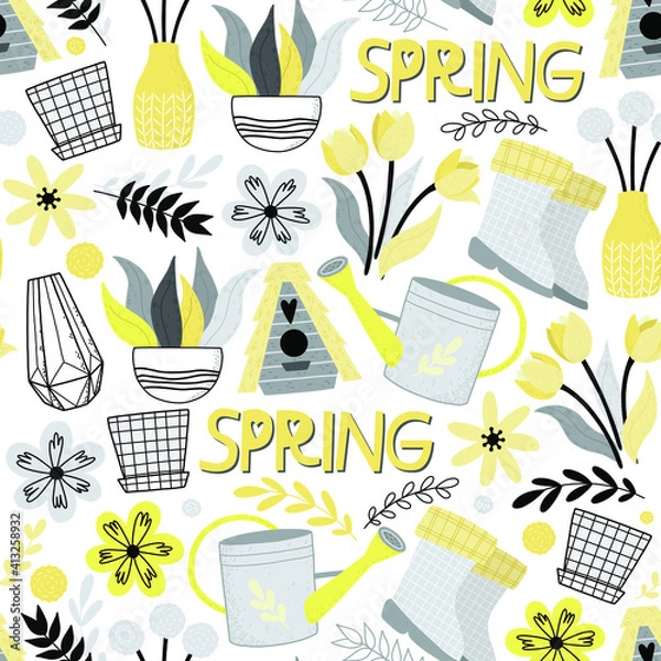 Obraz Stylish Spring seamless pattern with yellow flowers and grey leaves in pantone 2021 colors. Vector Easter pattern in Illuminating and Ultimate Gray trendy colors.