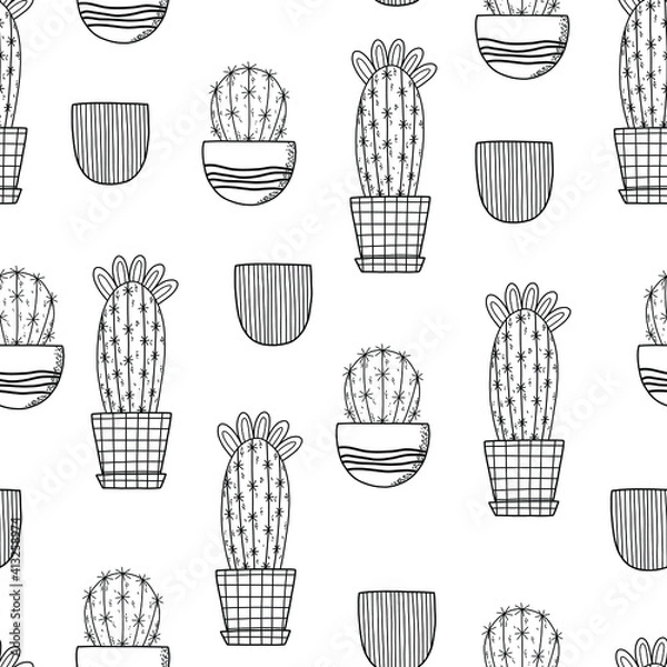 Obraz Stylish Spring seamless pattern with cactus flowers and flower pots in pantone 2021 colors. Vector Easter pattern in black and white colors.