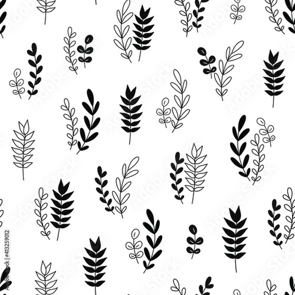 Obraz Stylish Spring seamless pattern with branchs and grey leaves in pantone 2021 colors. Vector Easter pattern in and Ultimate Gray trendy colors.