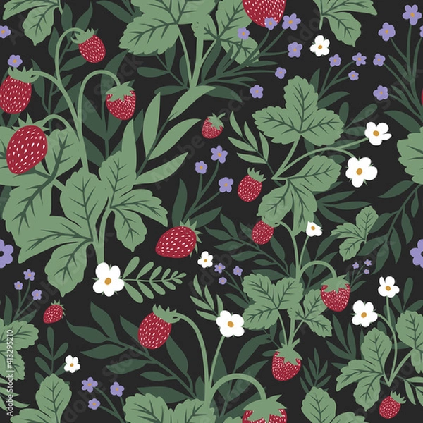 Fototapeta Strawberries and wild flowers seamless pattern