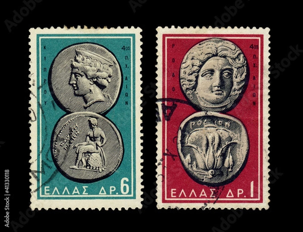 Obraz Ancient coins of Greece on stamps