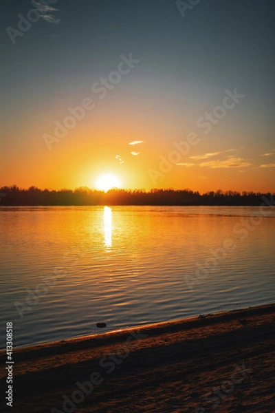 Fototapeta red sunset over river. beautiful summer sunset