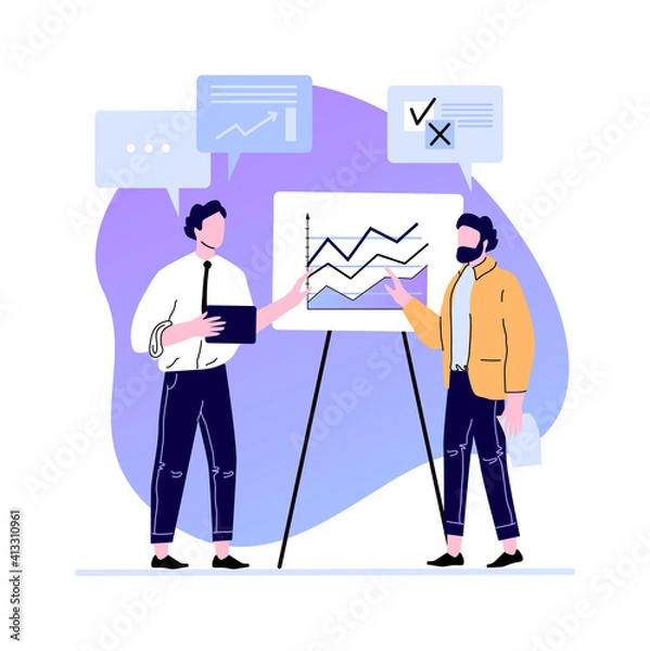 Fototapeta Business meeting presentation charts and diagramm on board. Professional business communication and working management. Vector illustration