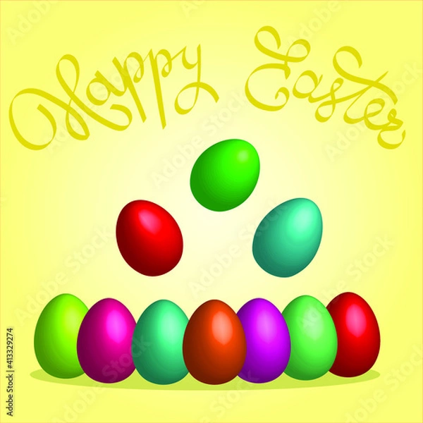 Fototapeta Set of Easter eggs 3d in shiny bright colors, vector drawing for design of a postcard for a spring holiday. A fun weekend with colorful patterns, April or May is a celebration.